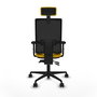 Silla de oficina Bormate con mecanismo Asincro tapizada con Tela color Amarillo y malla color Negro. Equipada con lumbar 1D, Brazos 2D, Cabecero 2D y Ruedas 65mm nailon