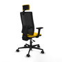 Silla de oficina Bormate con mecanismo Asincro tapizada con Tela color Amarillo y malla color Negro. Equipada con lumbar 1D, Brazos 2D, Cabecero 2D y Ruedas 65mm nailon