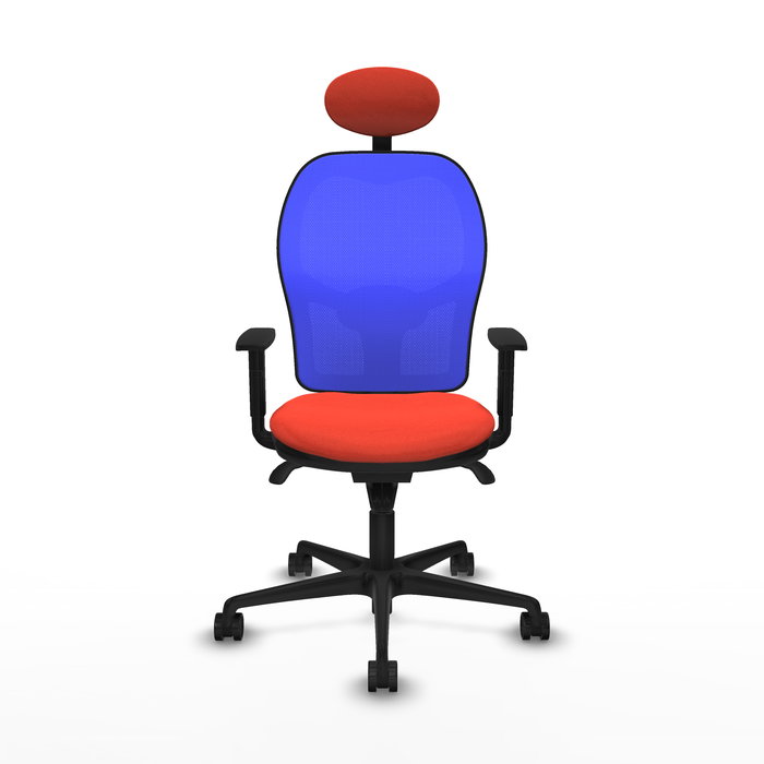 Silla de oficina Jorquera con mecanismo Sincro tapizada con Tela color Naranja oscuro y malla color Azul. Equipada con lumbar 1D, Brazos 1D, Cabecero Fijo y Ruedas 65mm nailon