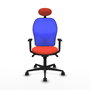 Silla de oficina Jorquera con mecanismo Sincro tapizada con Tela color Naranja oscuro y malla color Azul. Equipada con lumbar 1D, Brazos 1D, Cabecero Fijo y Ruedas 65mm nailon