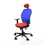 Silla de oficina Jorquera con mecanismo Sincro tapizada con Tela color Naranja oscuro y malla color Azul. Equipada con lumbar 1D, Brazos 1D, Cabecero Fijo y Ruedas 65mm nailon