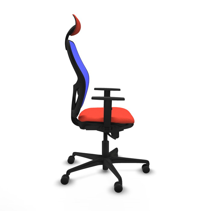 Silla de oficina Jorquera con mecanismo Sincro tapizada con Tela color Naranja oscuro y malla color Azul. Equipada con lumbar 1D, Brazos 1D, Cabecero Fijo y Ruedas 65mm nailon