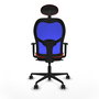 Silla de oficina Jorquera con mecanismo Sincro tapizada con Tela color Naranja oscuro y malla color Azul. Equipada con lumbar 1D, Brazos 1D, Cabecero Fijo y Ruedas 65mm nailon