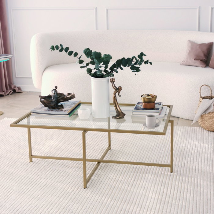 Hanah Home Mesa de Centro S410 Glamurosa Moderna Cristal Templado y Metal Dorado 94x64x35 cm