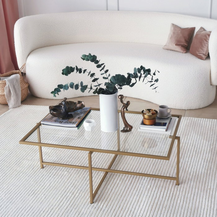 Hanah Home Mesa de Centro S410 Glamurosa Moderna Cristal Templado y Metal Dorado 94x64x35 cm
