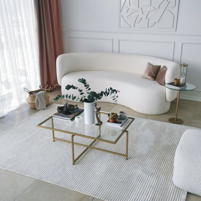 Hanah Home Mesa de Centro S410 Glamurosa Moderna Cristal Templado y Metal Dorado 94x64x35 cm