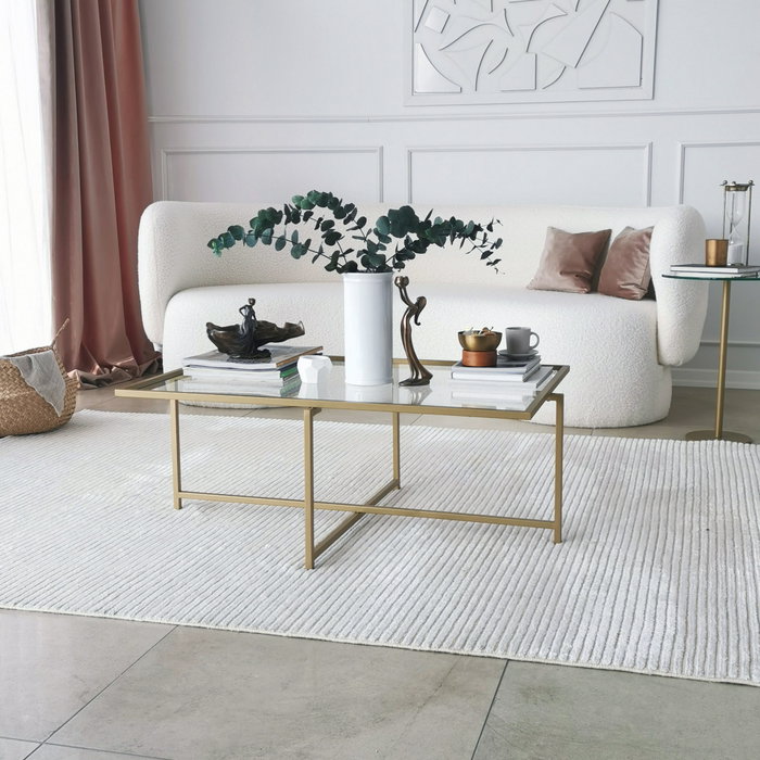 Hanah Home Mesa de Centro S410 Glamurosa Moderna Cristal Templado y Metal Dorado 94x64x35 cm