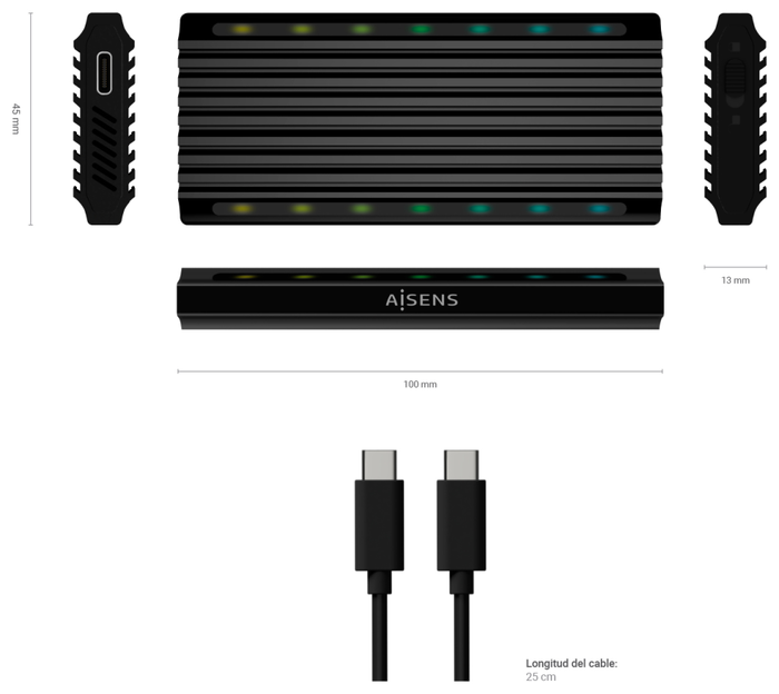 Aisens Caja Externa M.2 RGB Gaming ASM2-RGB012B SATA/NVMe USB 3.2 Gen 2, Negra