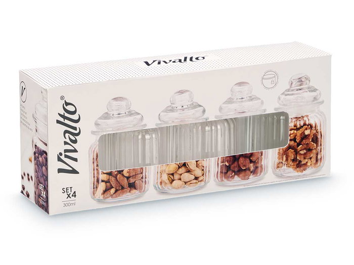 Vivalto Set 4 Tarros Tapa Vidrio Rayado 300ml Vidrio y Plástico Transparente 33x13.5x8cm (Set de 12)