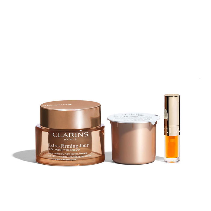 Clarins Crema Facial Extra Firming Para Todo Tipo de Piel - Estuche con 4 Piezas: Crema 50 ml + Recarga 50 ml + Aceite de Labios 1.4 ml + Neceser