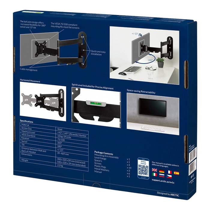 ARCTIC W1C Soporte Brazo de Monitor para Pared, 13 a 49 Pulgadas, Giratorio 360°, Inclinación 15°, Giro 180°, Hasta 18 kg, VESA 75*75/100*100, Negro