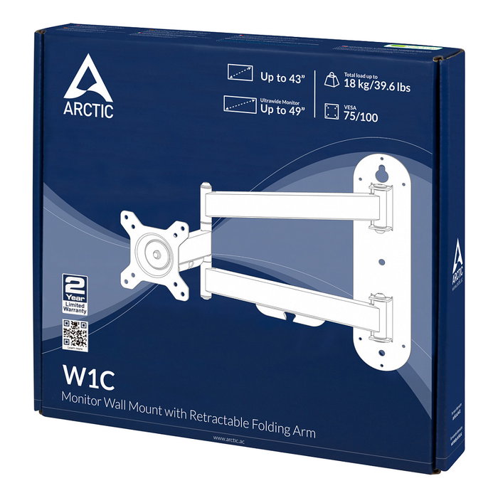 ARCTIC W1C Soporte Brazo de Monitor para Pared, 13 a 49 Pulgadas, Giratorio 360°, Inclinación 15°, Giro 180°, Hasta 18 kg, VESA 75*75/100*100, Negro