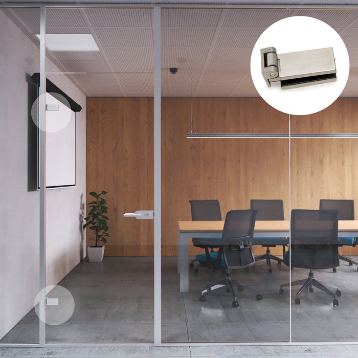 Emuca Bisagra para puerta de cristal con embellecedor inox, bisagra horizontal con pala de 34mm, para puerta de 8-12mm, acero inoxidable