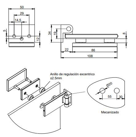 Emuca Bisagra para puerta de cristal con embellecedor inox, bisagra horizontal con pala de 34mm, para puerta de 8-12mm, acero inoxidable
