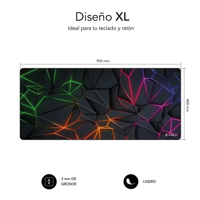 Subblim Alfombrilla de ratón Gaming SUBBLIM Neon Obsidian XL 90x40 cm XXL, Bordes Cosidos, Base Goma Antideslizante, Superficie Micro-Texturizada HD, 3 mm