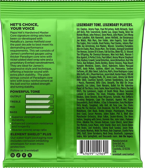 ERNIEBALL Juego de Cuerdas para Guitarra Eléctrica Papa Het's Hardwired Master Cores 11-50, calibres 11, 14, 18, 28, 38, 50, desarrolladas con James Hetfield de Metallica ERNIEBALL Juego de Cuerdas para Guitarra Eléctrica Papa Het's Hardwired Master Cores 11-50, calibres 11, 14, 18, 28, 38, 50, desarrolladas con James Hetfield de Metallica