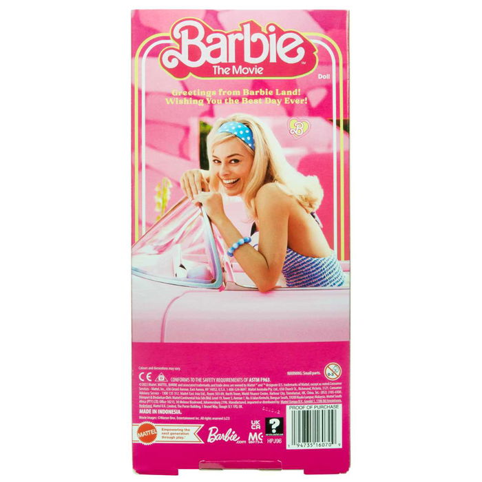 Barbie HPJ96 Muñeca Perfect Day The Movie Inspirada en Margot Robbie, Vestido Rosa Cuadros, Collar Margaritas, +6 Años