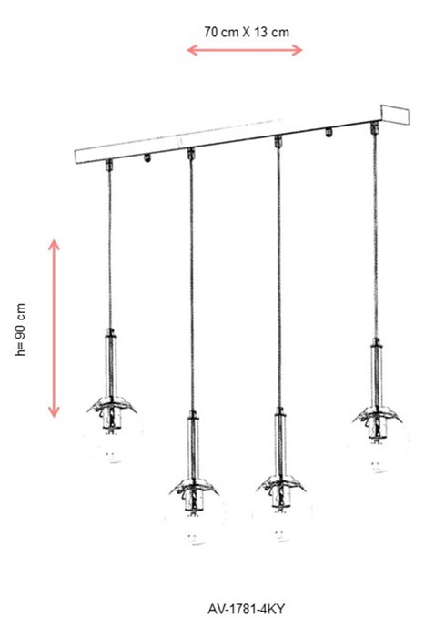 Opviq Lámpara de Araña AV-1781-4KY Metal con Tapa de Cristal, 90 cm, 70 x 13 cm, 4xE27, Elegante y Moderna para Hogar