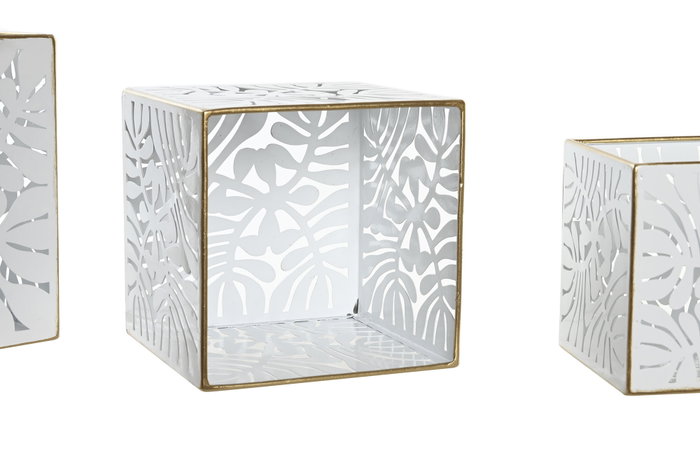 DKD Home Decor Macetero Tropical Blanco Dorado Metal Set 3 Piezas 15x15x15 cm
