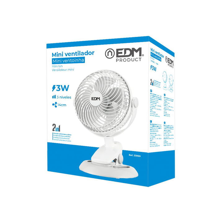 Edm Ventilador Recargable con Pinza y Base, 3 Velocidades, Motor Sin Escobillas Ultra Silencioso, Batería 2000 mAh, Ø Aspas 14 cm, Medidas Ø17 x 18 x 28 cm