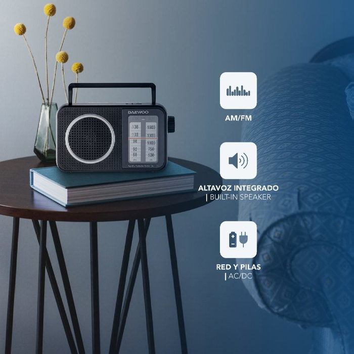 Daewoo Radio Portátil AC/DC con Altavoz, Entrada Jack y Asa - Funciona con Pilas y Corriente
