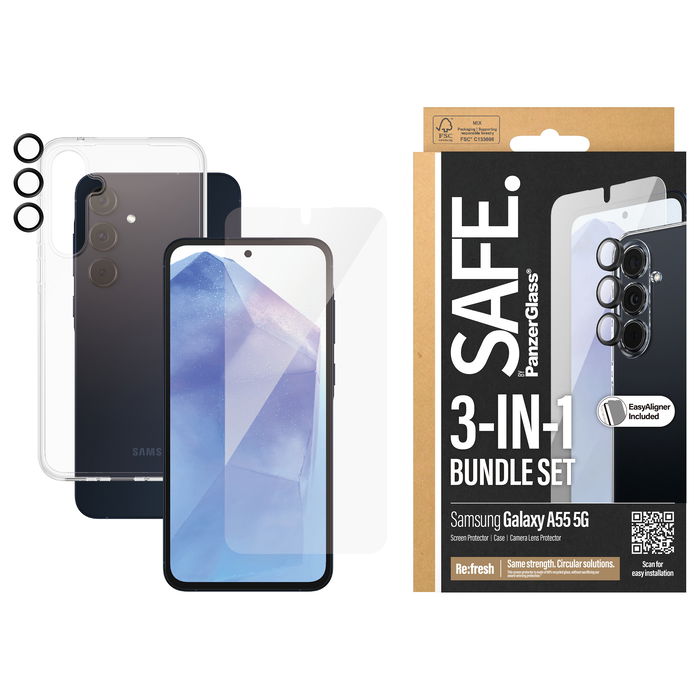 PanzerGlass Protector de Pantalla SAFE BUNDLE 3 en 1 - Vidrio Templado Anti-Rayones y Golpes para Samsung Galaxy A55 5G con Kit de Aplicación
