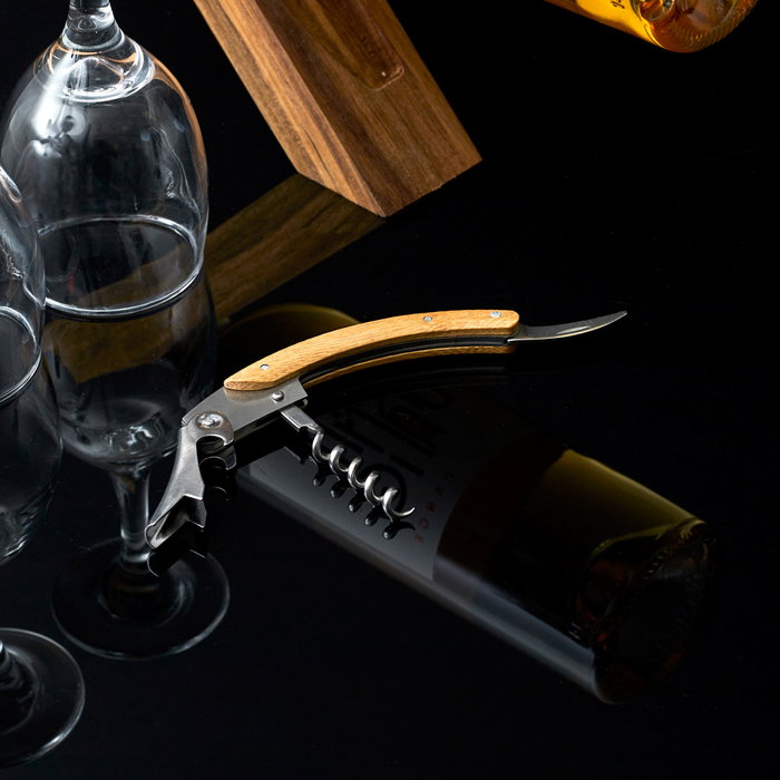 Cook Concept Sacacorchos De Acacia Cocktail Lounge Doble Gatillo Con Cuchillo Descapsulador Y Abridor De Botellas De Chapa Acero Inoxidable Y Hierro