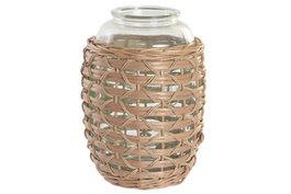 DKD Home Decor Jarrón de Cristal y Mimbre Natural Verde y Marrón