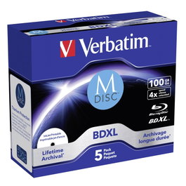 Verbatim M-Disc BD-R Blu-Ray 100GB 4x Speed Inkjet Print Jewel Case Pack de 5