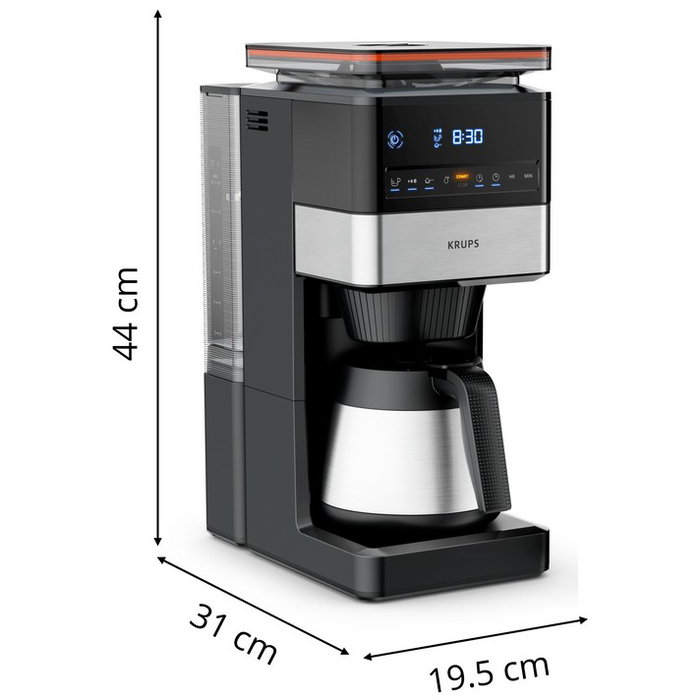 Krups KT8428 Cafetera de Filtro Grind Aroma XL Thermo, Molinillo Integrado para Granos de Café, Capacidad 1.25L, 15 Tazas, 1000W, Negro, Control Táctil