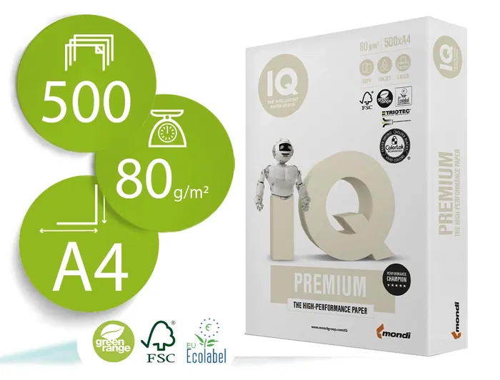 Iq premium Papel Multifuncion Din A4 80 gramos Blanco Paquete de 500 Hojas Certificado Ecolabel