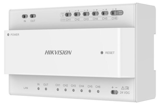 Hikvision DS-KV8113-YIME1 Distribuidor 2 Hilos para Videoportero IP, Interfaz RJ-45 y 6 Interfaces de 2 Hilos, Montaje en Carril DIN