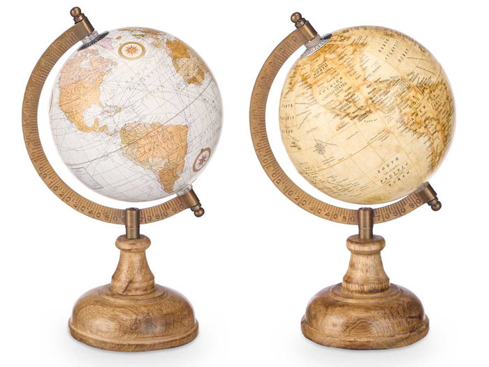 Giftdecor Globo Terráqueo 12.5 cm de Diámetro, Modelo Mate en Madera, Plástico y Hierro, Color Multicolor - Surtidos Aleatorios (Set de 12)