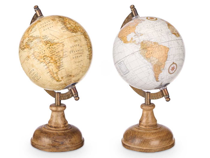 Giftdecor Globo Terráqueo 12.5 cm de Diámetro, Modelo Mate en Madera, Plástico y Hierro, Color Multicolor - Surtidos Aleatorios (Set de 12)