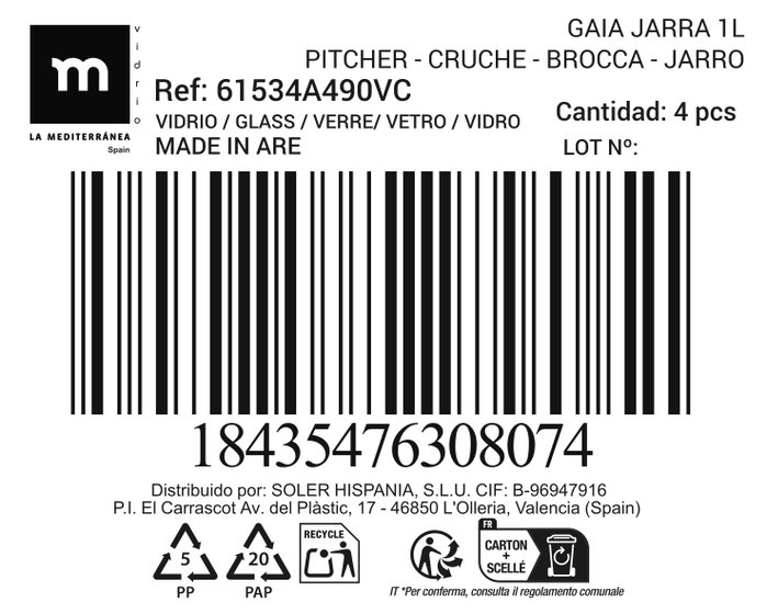La Mediterranea Jarra de Vidrio Gaia 1000cc