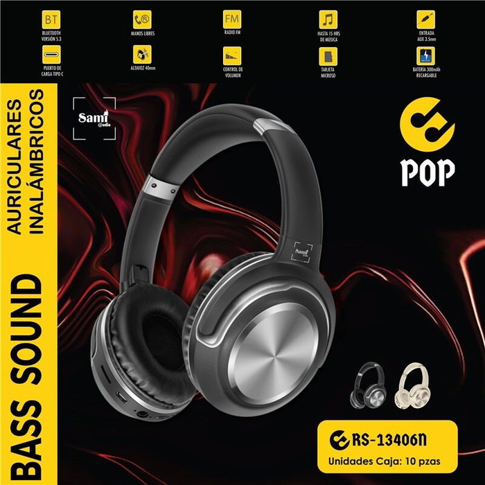 SAMI Auriculares Pop Negro con FM, Bluetooth, Auxiliar y Plegable, Bateria 300mAh