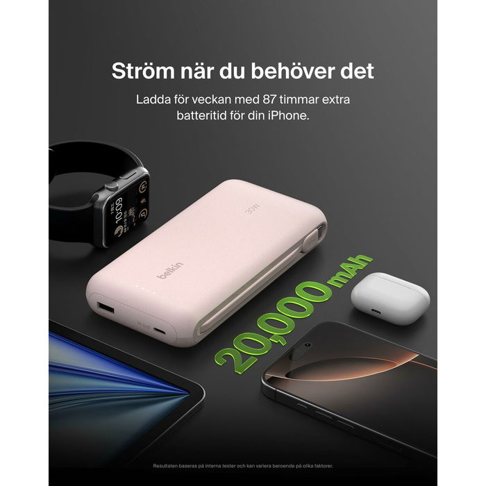 Belkin BOOSTCHARGE Powerbank 20000 mAh USB-C Power Delivery 30W, Rosa, con Cable Integrado