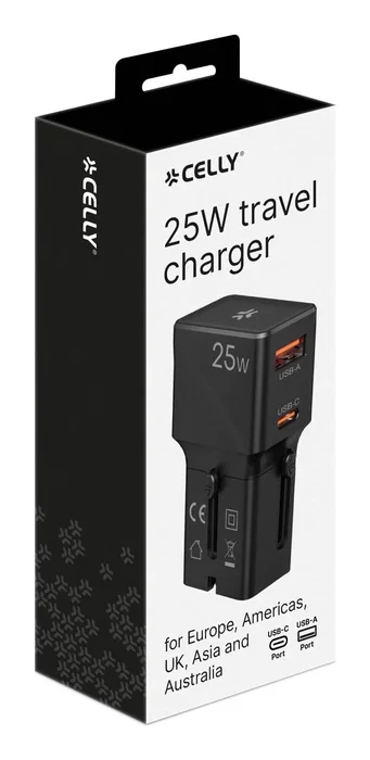 Celly MULTIPLUGSL25W - Cargador de pared AC 25W rápido, 1 USB-C + 1 USB-A, para smartphone, tableta y auriculares, color negro