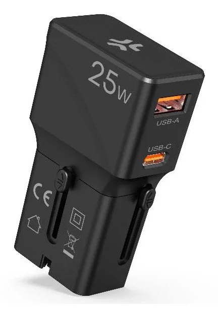 Celly MULTIPLUGSL25W - Cargador de pared AC 25W rápido, 1 USB-C + 1 USB-A, para smartphone, tableta y auriculares, color negro