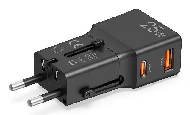 Celly MULTIPLUGSL25W - Cargador de pared AC 25W rápido, 1 USB-C + 1 USB-A, para smartphone, tableta y auriculares, color negro