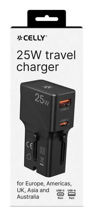 Celly MULTIPLUGSL25W - Cargador de pared AC 25W rápido, 1 USB-C + 1 USB-A, para smartphone, tableta y auriculares, color negro