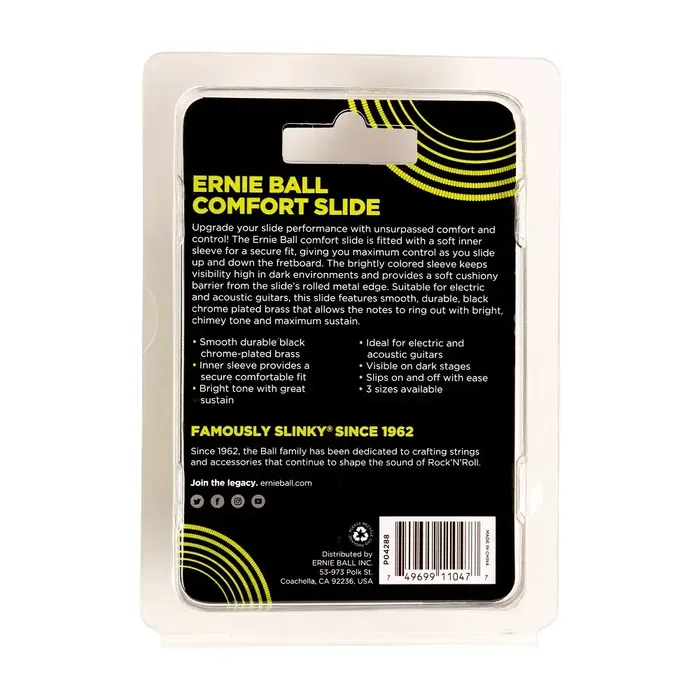 ERNIEBALL Slide Comfort Mediano Slide para Guitarra Eléctrica y Acústica con Funda Interior de Color Brillante Latón y Acabado Cromo Negro Pulido