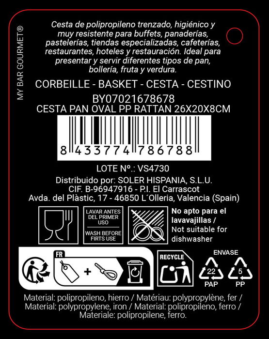 Inde Cesta para Pan Oval de Rattan PP, 26 cm x 19.6 cm x 9.2 cm (24 Unidades)