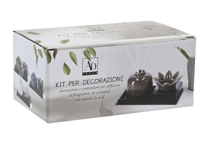 DKD Home Decor Ambientador Mikado Oriental Blanco Gris Cerámica Flor de Loto con Bandeja 11 x 8 x 19 cm Set de 2