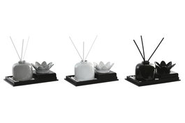 DKD Home Decor Ambientador Mikado Oriental Blanco Gris Cerámica Flor de Loto con Bandeja 11 x 8 x 19 cm Set de 2