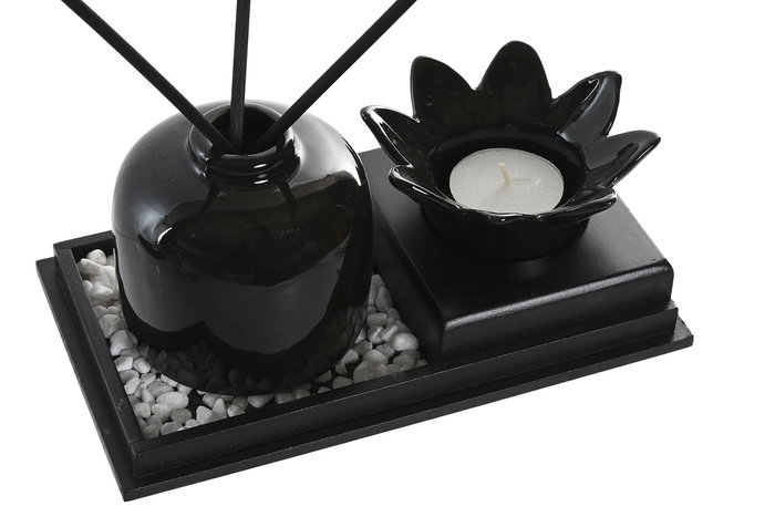 DKD Home Decor Ambientador Mikado Oriental Blanco Gris Cerámica Flor de Loto con Bandeja 11 x 8 x 19 cm Set de 2