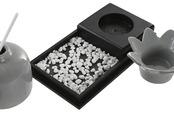 DKD Home Decor Ambientador Mikado Oriental Blanco Gris Cerámica Flor de Loto con Bandeja 11 x 8 x 19 cm Set de 2