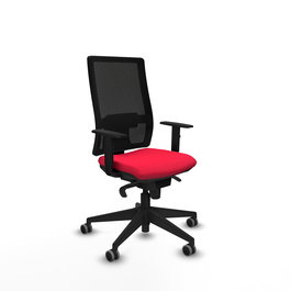 Silla de oficina Horna con mecanismo Sincro tapizada con Tela color Rojo y malla color Negro. Equipada con lumbar 1D, Brazos 1D y Ruedas 65 mm parqué
