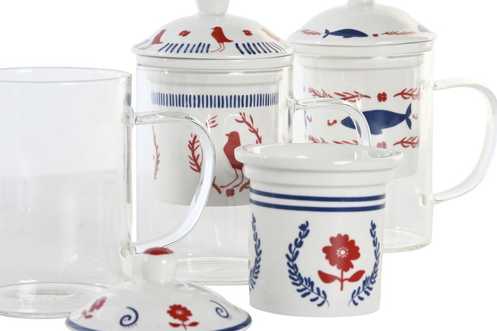 DKD Home Decor Blue red bird Taza para Infusiones de Porcelana y Cristal, 300ml, 8 x 14.5 x 12 cm (6 Unidades)