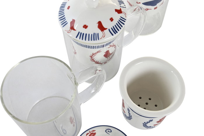 DKD Home Decor Blue red bird Taza para Infusiones de Porcelana y Cristal, 300ml, 8 x 14.5 x 12 cm (6 Unidades)
